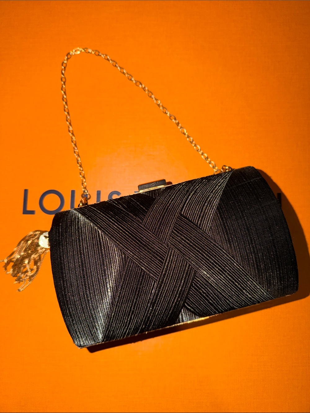 Black Satin Evening Clutch with Gold Chain